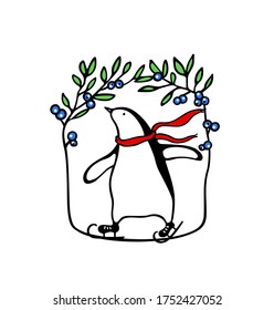 Vector emblem with hand drawn cute penguin skating on ice with red scarf in floral berry wreath. Ink drawing, funny illustration, beautiful winter sport design elements.
