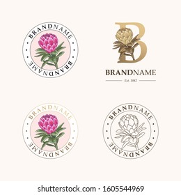 Vector emblem with hand drawn flower. Botanical logo template for florist, photographer, fashion blogger, design studio, interior design. Floral feminine logo