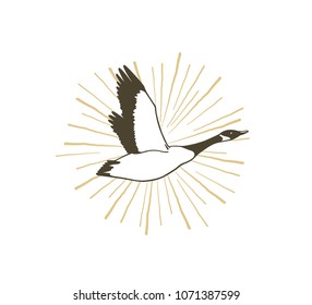 Vector emblem with hand drawn flying wild goose. Beautiful animal design elements, ink drawing.