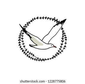 Vector emblem of hand drawn flying seagull in floral wreath. Ink drawing, beautiful animal design elements.