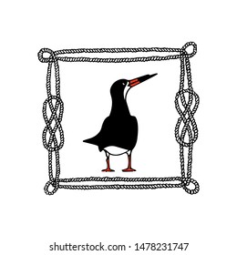 Vector emblem of hand drawn flying black skimmer in rope wreath. Ink drawing, beautiful animal and nautical design elements.