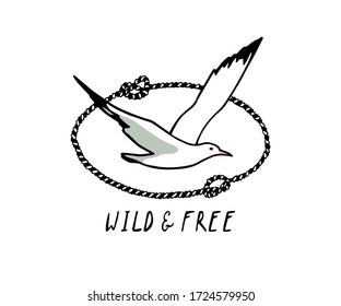 Vector emblem of hand drawn flying seagull in nautical rope frame. Ink drawing, beautiful animal design elements.
