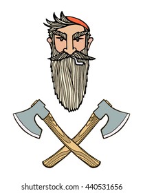 Vector emblem with hand drawn head of lumberjack and crossed axes. Heavy contour, graphic style.