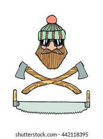 Vector emblem with hand drawn head of lumberjack, handsaw and crossed axes. Heavy contour, graphic style.