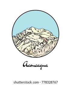 Vector emblem with hand drawn highest Andes mountain Aconcagua. Ink drawing, graphic style. Perfect for travel, sport or spiritual designs.