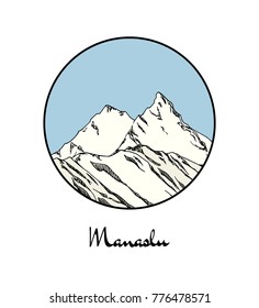 Vector emblem with hand drawn Himalayan mountain Manaslu. Ink drawing, graphic style. Perfect for travel, sport or spiritual designs.