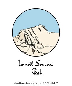 Vector emblem with hand drawn Ismoil Somoni peak. Ink drawing, graphic style. Perfect for travel, sport or spiritual designs.
