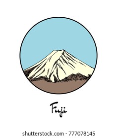Vector emblem with hand drawn Japanese mountain Fuji. Ink drawing, graphic style. Perfect for travel, sport or spiritual designs.