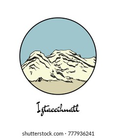Vector emblem with hand drawn Mexican volcanic mountain Iztacci­huatl . Ink drawing, graphic style. Perfect for travel, sport or spiritual designs.
