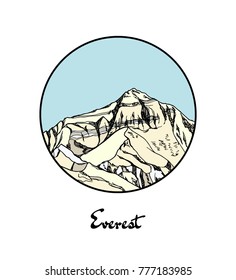 Vector emblem with hand drawn mountain Everest. Ink drawing, graphic style. Perfect for travel, sport or spiritual designs.
