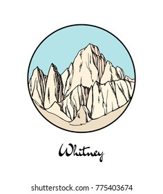 Vector emblem with hand drawn North American mount Whitney. Ink drawing, graphic style. Perfect for travel, sport or spiritual designs.
