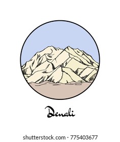 Vector emblem with hand drawn North American mount Denali. Ink drawing, graphic style. Perfect for travel, sport or spiritual designs.