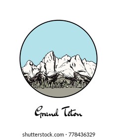 Vector emblem with hand drawn North American mountain Grand Teton. Ink drawing, graphic style. Perfect for travel, sport or spiritual designs.