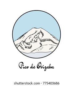 Vector emblem with hand drawn Pico de Orizaba. Ink drawing, graphic style. Perfect for travel, sport or spiritual designs.