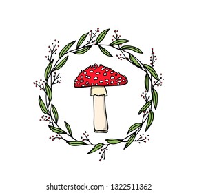 Vector emblem with hand drawn poisonous fungus Amanita in floral wreath. Ink drawing, graphic style. Beautiful design elements.