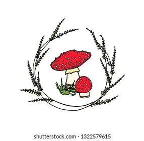 Vector emblem with hand drawn poisonous fungus Amanita in floral wreath. Ink drawing, graphic style. Beautiful design elements.