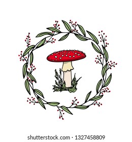 Vector emblem with hand drawn poisonous fungus Amanita in floral wreath. Ink drawing, graphic style. Beautiful design elements.