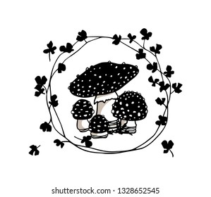 Vector emblem with hand drawn poisonous fungus Amanita in floral wreath. Ink drawing, graphic style. Beautiful design elements.