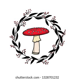 Vector emblem with hand drawn poisonous fungus Amanita in floral wreath. Ink drawing, graphic style. Beautiful design elements.