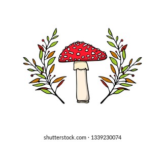 Vector emblem with hand drawn poisonous fungus Amanita in floral wreath. Ink drawing, graphic style. Beautiful design elements.