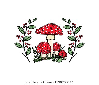 Vector emblem with hand drawn poisonous fungus Amanita in floral wreath. Ink drawing, graphic style. Beautiful design elements.