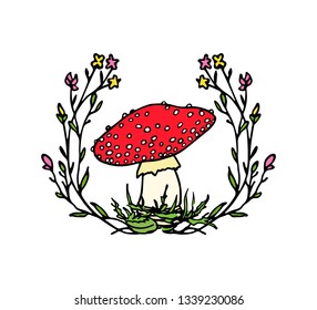 Vector emblem with hand drawn poisonous fungus Amanita in floral wreath. Ink drawing, graphic style. Beautiful design elements.
