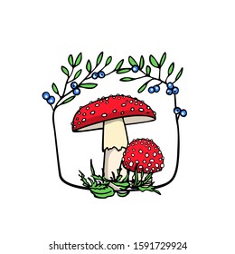 Vector emblem with hand drawn poisonous fly agaric in floral blueberry wreath. Ink drawing, graphic style. Beautiful design elements.