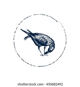Vector emblem with hand drawn raven in round frame. Chalk drawing, beautiful design elements.
