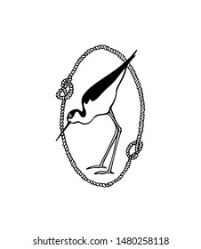 Vector emblem of hand drawn standing stilt in rope wreath. Ink drawing, beautiful animal and nautical design elements.