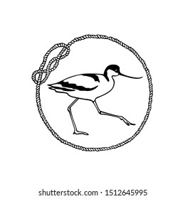 Vector emblem of hand drawn standing avocet in rope wreath. Ink drawing, beautiful animal and nautical design elements.
