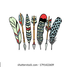 Vector emblem with hand drawn tribal elements - arrows and feather. Beautiful ethnic design elements, ink drawing.