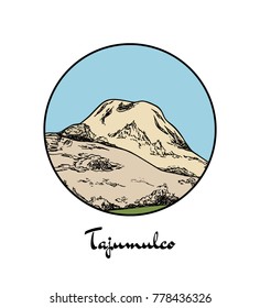 Vector emblem with hand drawn volcano Tajumulco. Ink drawing, graphic style. Perfect for travel, sport or spiritual designs.