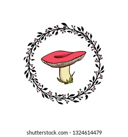 Vector emblem with hand drawn wild mushroom a in floral wreath. Ink drawing, graphic style. Beautiful design elements.