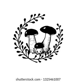 Vector emblem with hand drawn wild mushroom a in floral wreath. Ink drawing, graphic style. Beautiful design elements.