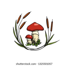 Vector emblem with hand drawn wild mushroom a in cattail wreath. Ink drawing, graphic style. Beautiful design elements.