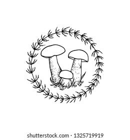 Vector emblem with hand drawn wild mushroom a in floral wreath. Ink drawing, graphic style. Beautiful design elements.