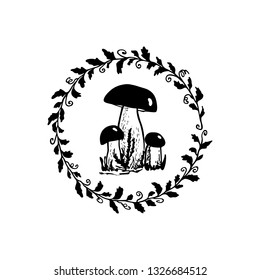 Vector emblem with hand drawn wild mushroom a in floral wreath. Ink drawing, graphic style. Beautiful design elements.