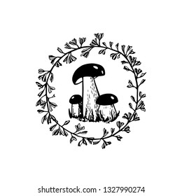 Vector emblem with hand drawn wild mushroom in floral wreath. Ink drawing, graphic style. Beautiful design elements.