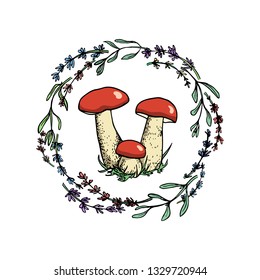 Vector emblem with hand drawn wild mushroom in floral wreath. Ink drawing, graphic style. Beautiful design elements.