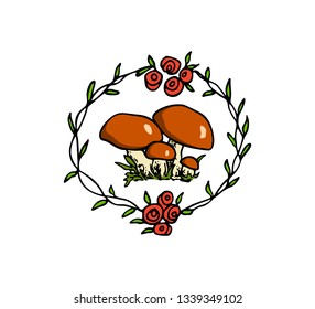Vector emblem with hand drawn wild mushroom in floral wreath. Ink drawing, graphic style. Beautiful design elements.