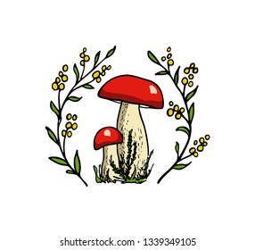 Vector emblem with hand drawn wild mushroom in mimosa wreath. Ink drawing, graphic style. Beautiful design elements.