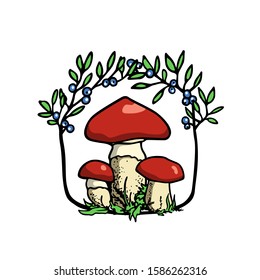 Vector emblem with hand drawn wild mushroom in blueberries frame. Ink drawing, graphic style. Beautiful design elements.