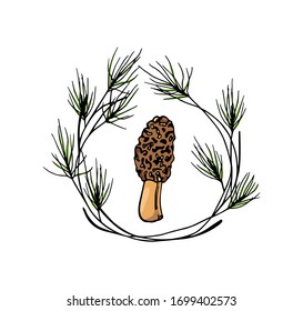 Vector emblem with hand drawn wild morel mushroom a in floral pine wreath. Ink drawing, graphic style. Beautiful design elements.