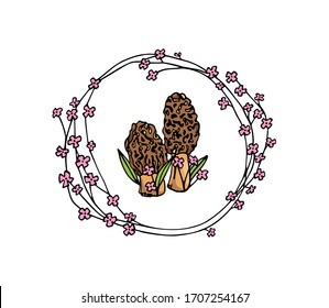 Vector emblem with hand drawn wild morel mushroom a in floral wreath. Ink drawing, graphic style. Beautiful design elements.