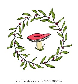 Vector emblem with hand drawn wild mushroom in floral berry wreath. Ink drawing, graphic style. Beautiful design elements.