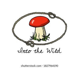 Vector emblem with hand drawn wild mushroom in nautical rope frame. Ink drawing, graphic style. Beautiful design elements.