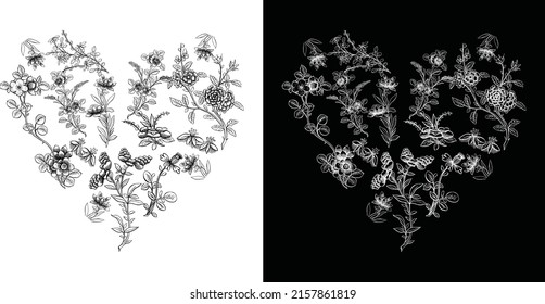 Vector emblem heart and flowers. Black and white vector drawing.