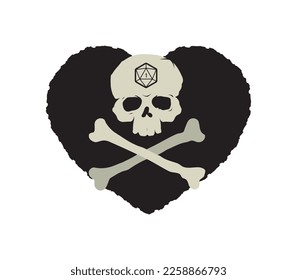 Emblema vectorial con corazón, cráneo con huesos cruzados y símbolo de dados de 20 lados. Juegos de mesa. Aislado sobre fondo blanco.