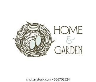 Vector emblem of home and garden decor business with hand drawn birds nest. Beautiful design elements. 