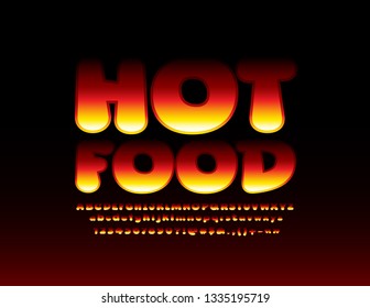 Vektor Emblem Hot Food mit brennender Wirkung. Alphabet flammende Buchstaben, Zahlen und Symbole. Original Farbverlauf-Schriftart.